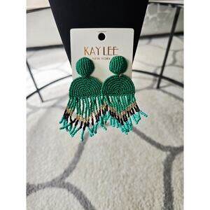 Kay Lee Green Beaded Fringe Earrings New